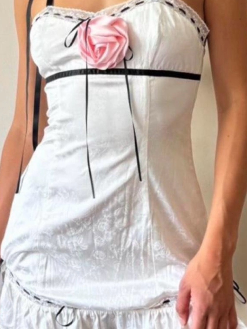 For love and lemons Women's Cream Satin Chemise with Pink Rose Accent